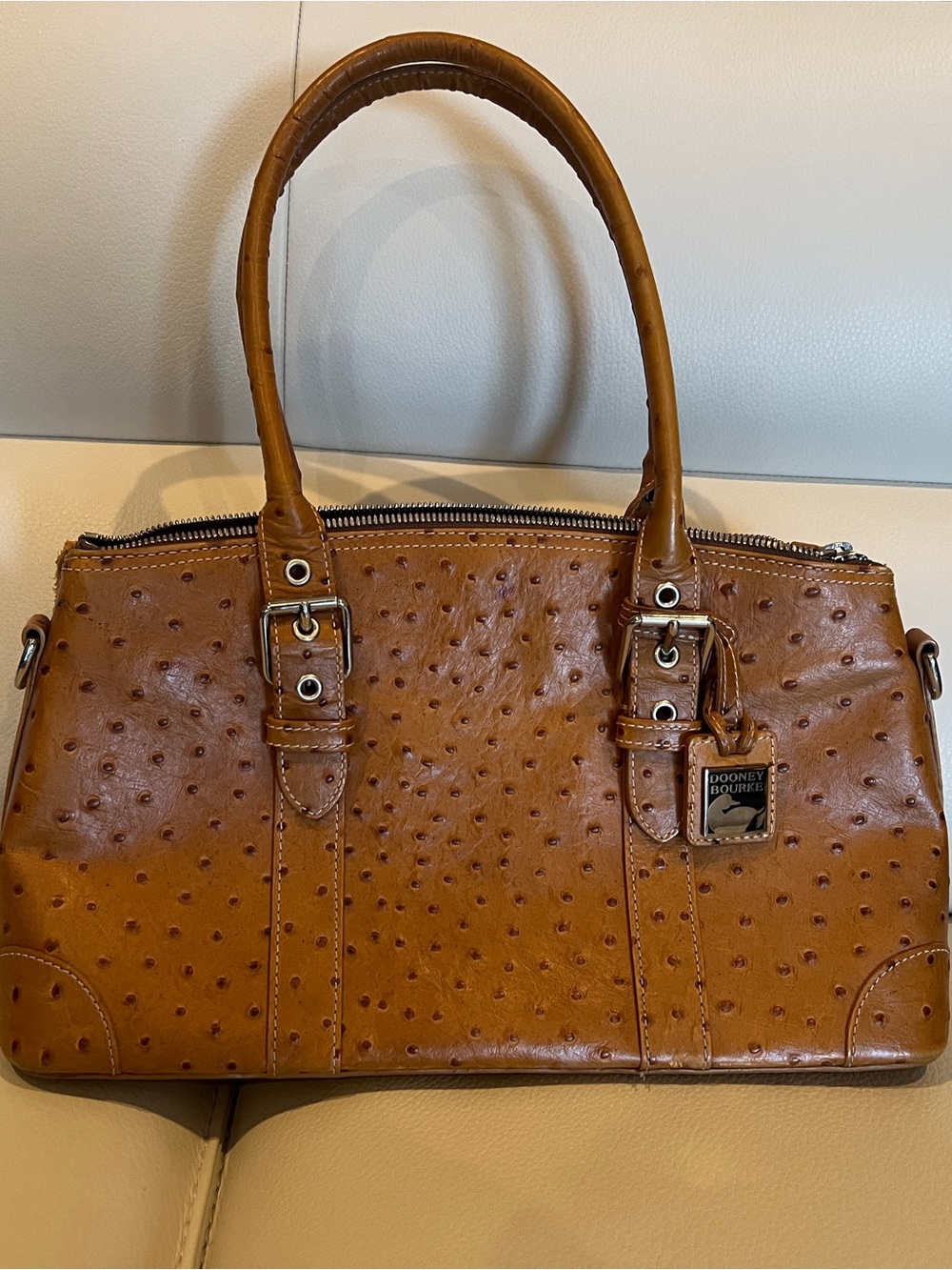 Dooney & Bourke Tan Ostrich-Embossed Satchel Handbag